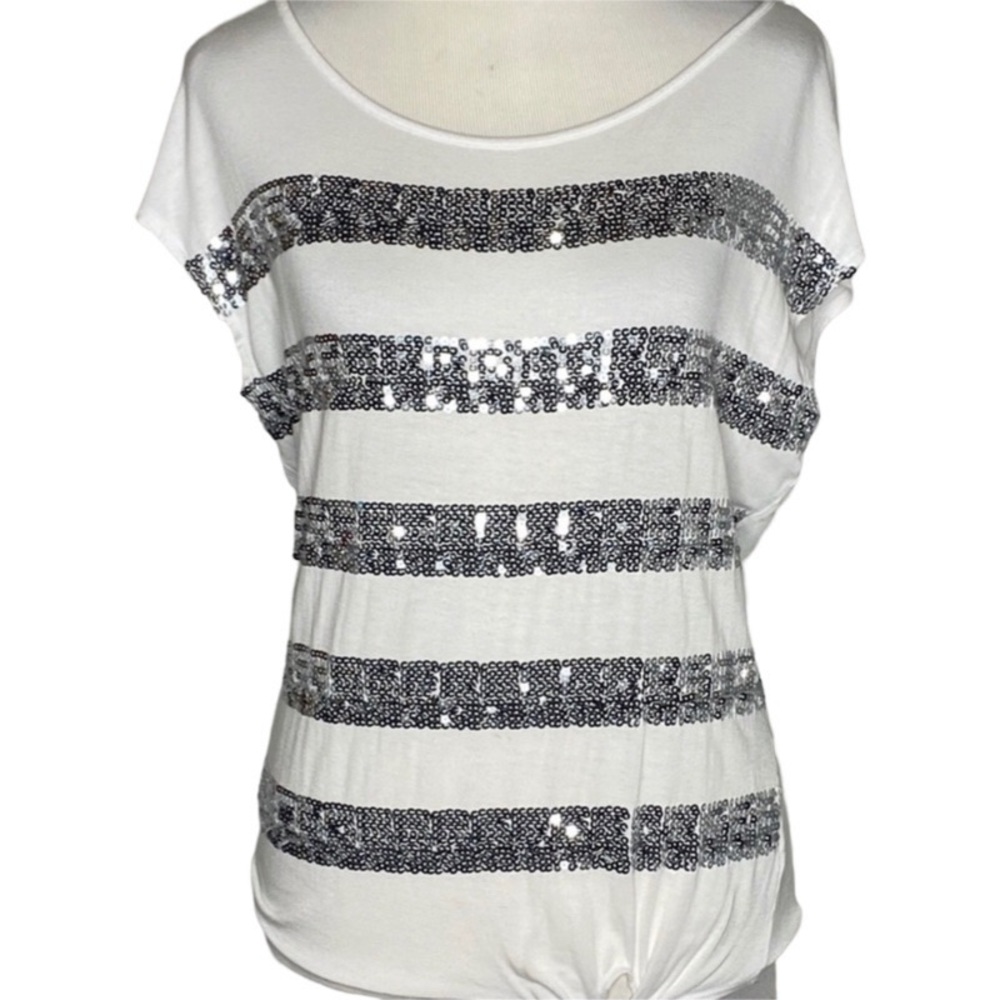 INC International White T-shirt w Stripes of Silver Sequins